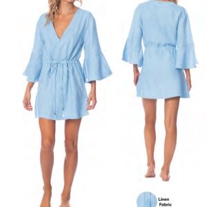 Light Blue V-Neck Dress with Bell Sleeves